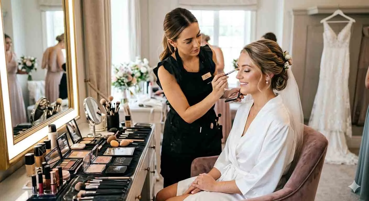 A woman in a white robe gets her makeup done by a makeup artist while seated in a pink chair. A wedding dress is visible in the background, and a makeup station with various makeup products and brushes is in the foreground.