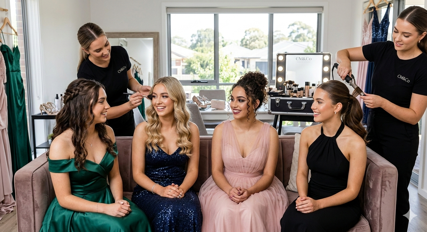 Four women in elegant dresses sitting on a sofa in a bright room getting ready, while two hairstylists do their hair and makeup, with makeup tools and a mirror with lights in the background.