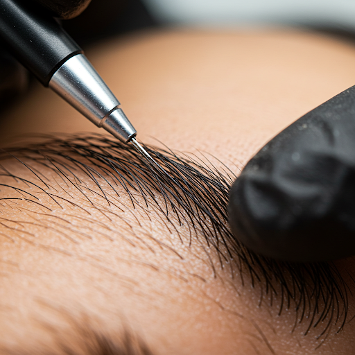 Close-up of a person receiving an eyelash extension procedure with a technician applying extensions.