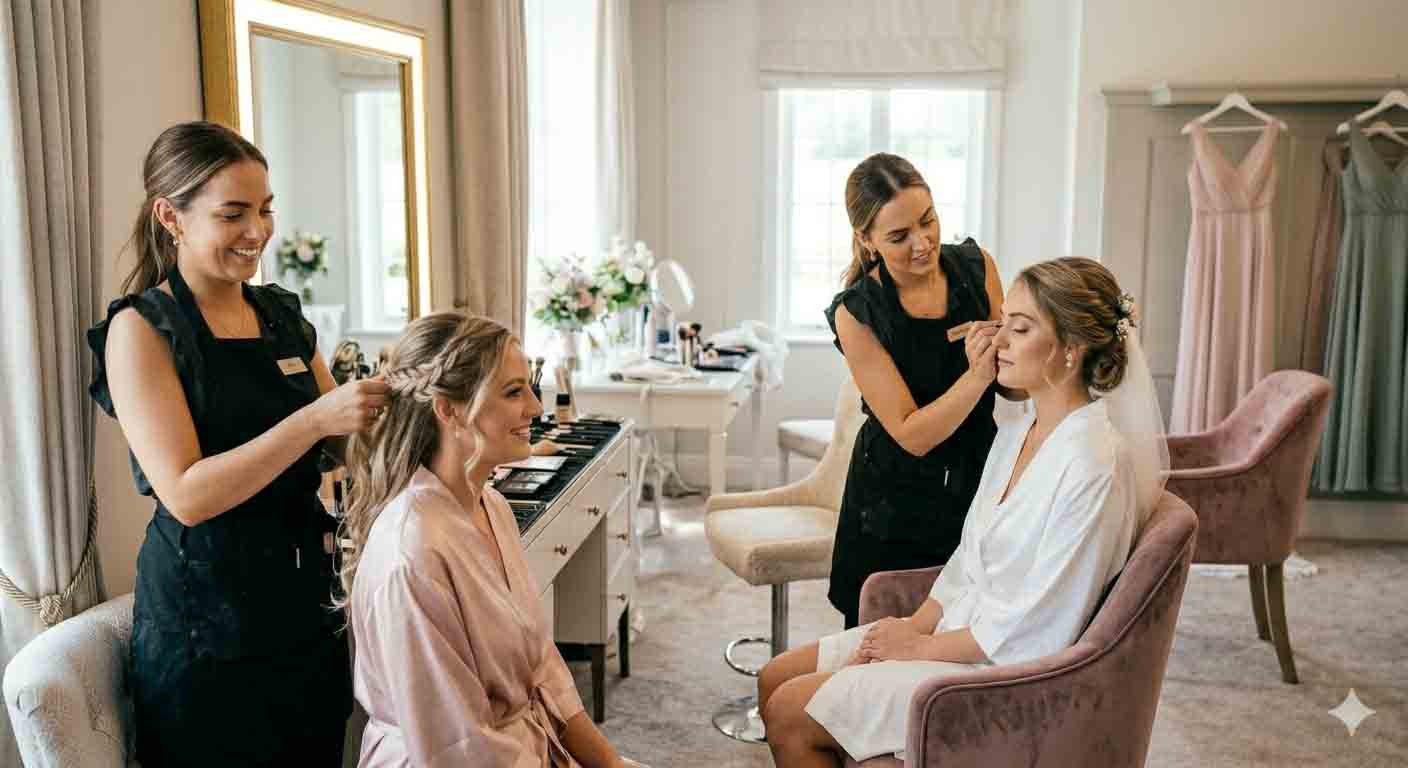 Three women in a room, one is getting her makeup done while another helps with her hair, and the third is sitting in a chair with a robe, getting ready for a special occasion.