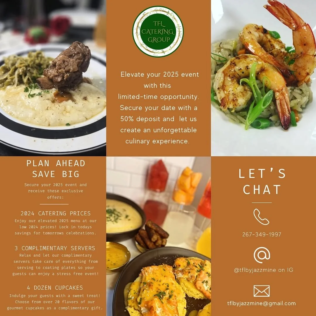Promotional flyer for TFL Catering Group featuring images of gourmet dishes including shrimp and rice, and beef stew with mashed potatoes. The flyer highlights catering services, special offers for 2024 and 2025, contact information, and social media handles.
