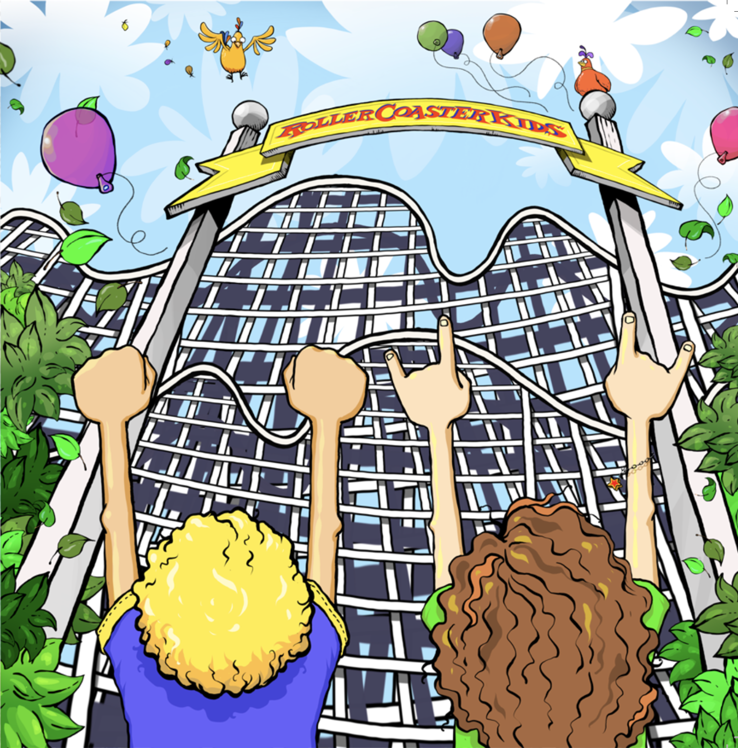 Two people holding onto the safety bars of a roller coaster ride, about to ascend the first hill, with colorful balloons and a yellow bird flying in the sky.
