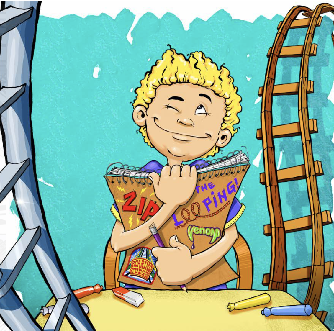 A cartoon boy with curly blonde hair holding a composition notebook and smiling mischievously. He is surrounded by ladders and art supplies, including crayons and glue, in a colorful playful scene.