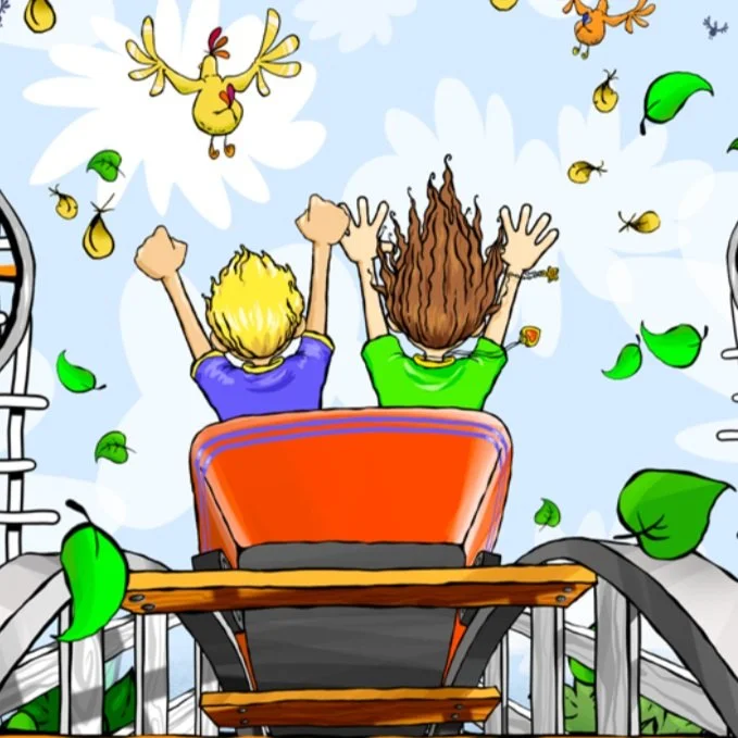 Two people sitting on a balcony overlooking the sky, with yellow and orange birds flying among green and yellow leaves.