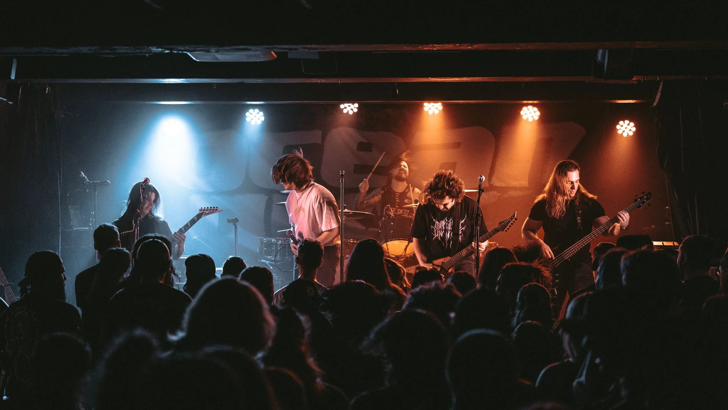 A live rock band performs on stage in front of an audience with silhouettes of spectators in the foreground. The band has five members: two guitarists, a bassist, a drummer, and a vocalist, with stage lighting highlighting them.