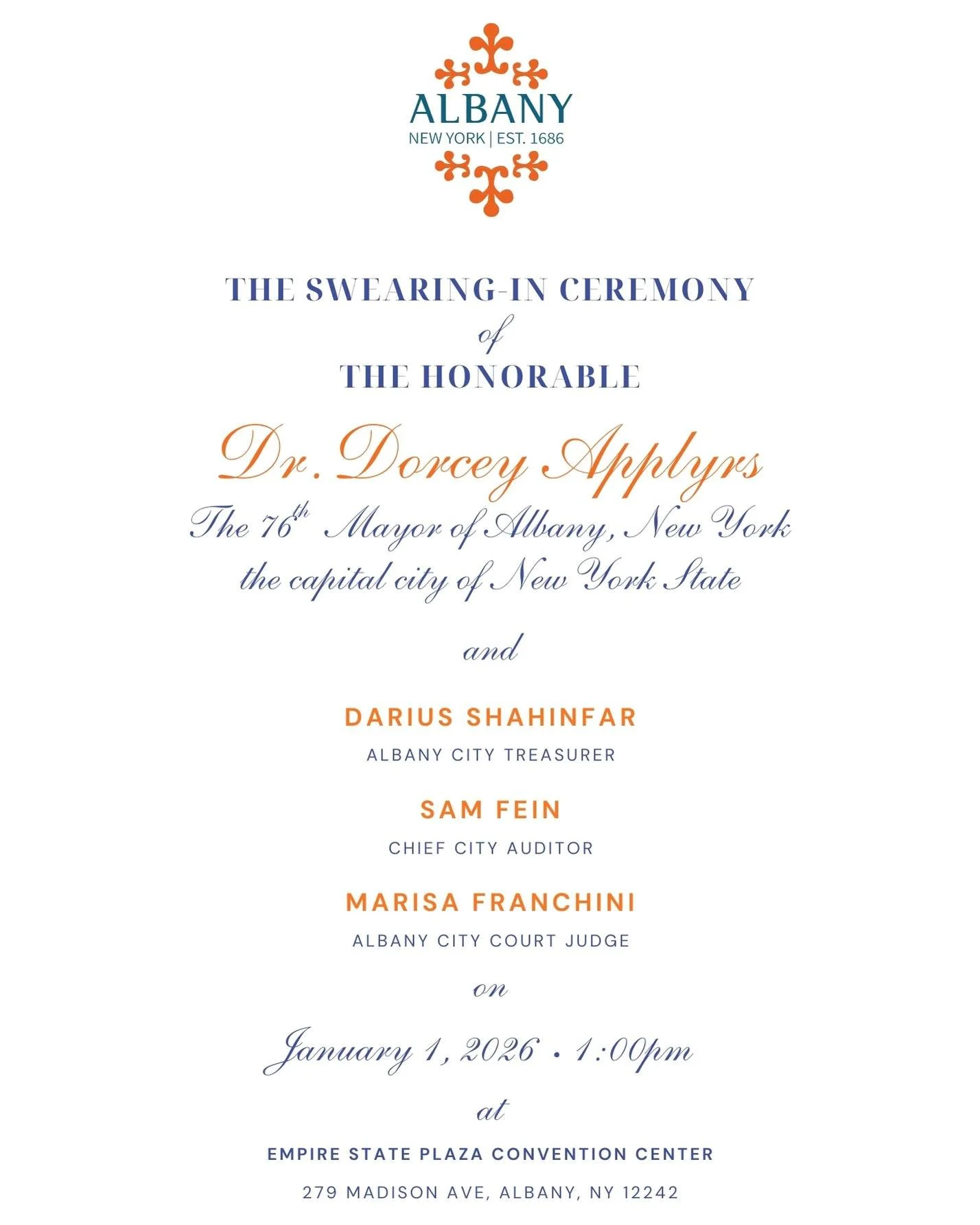 I&rsquo;m being sworn in as Chief City Auditor on January 1st at 1:00 PM 🎉

Join us as I am sworn in alongside Mayor-Elect Dorcey Applyrs and other citywide elected officials.

📍 Empire State Plaza Convention Center
(just moved to a larger venue so