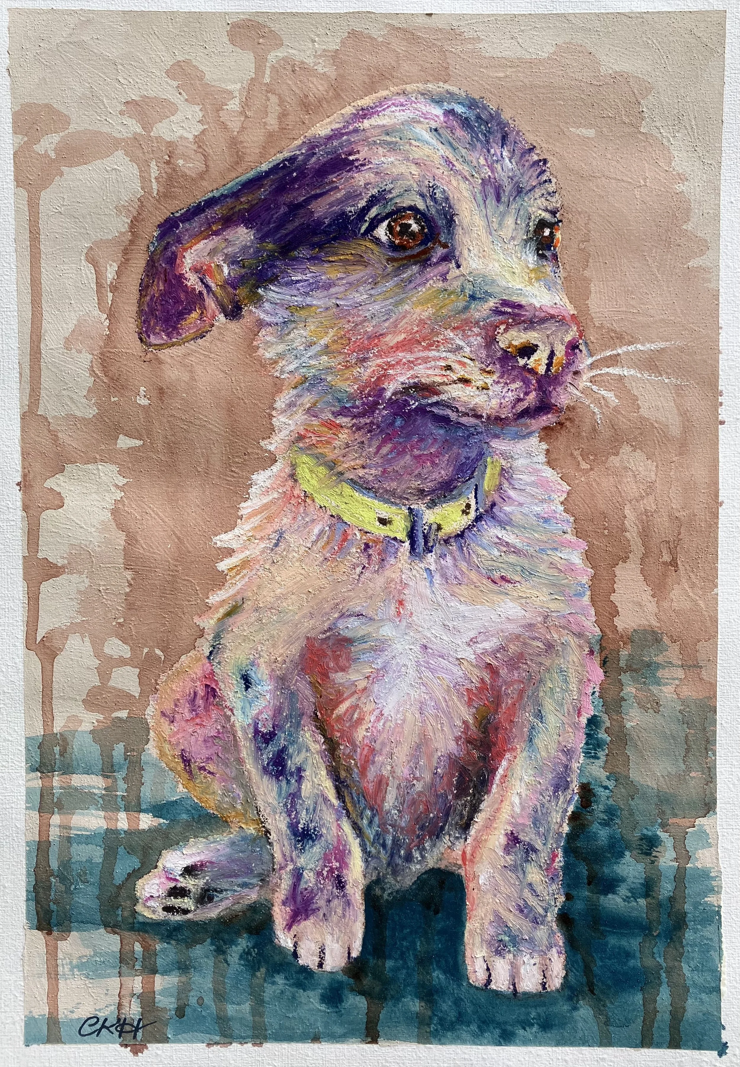Oil pastel portrait of  Australian cattle dog puppy with a background of beige and pink abstract patterns.