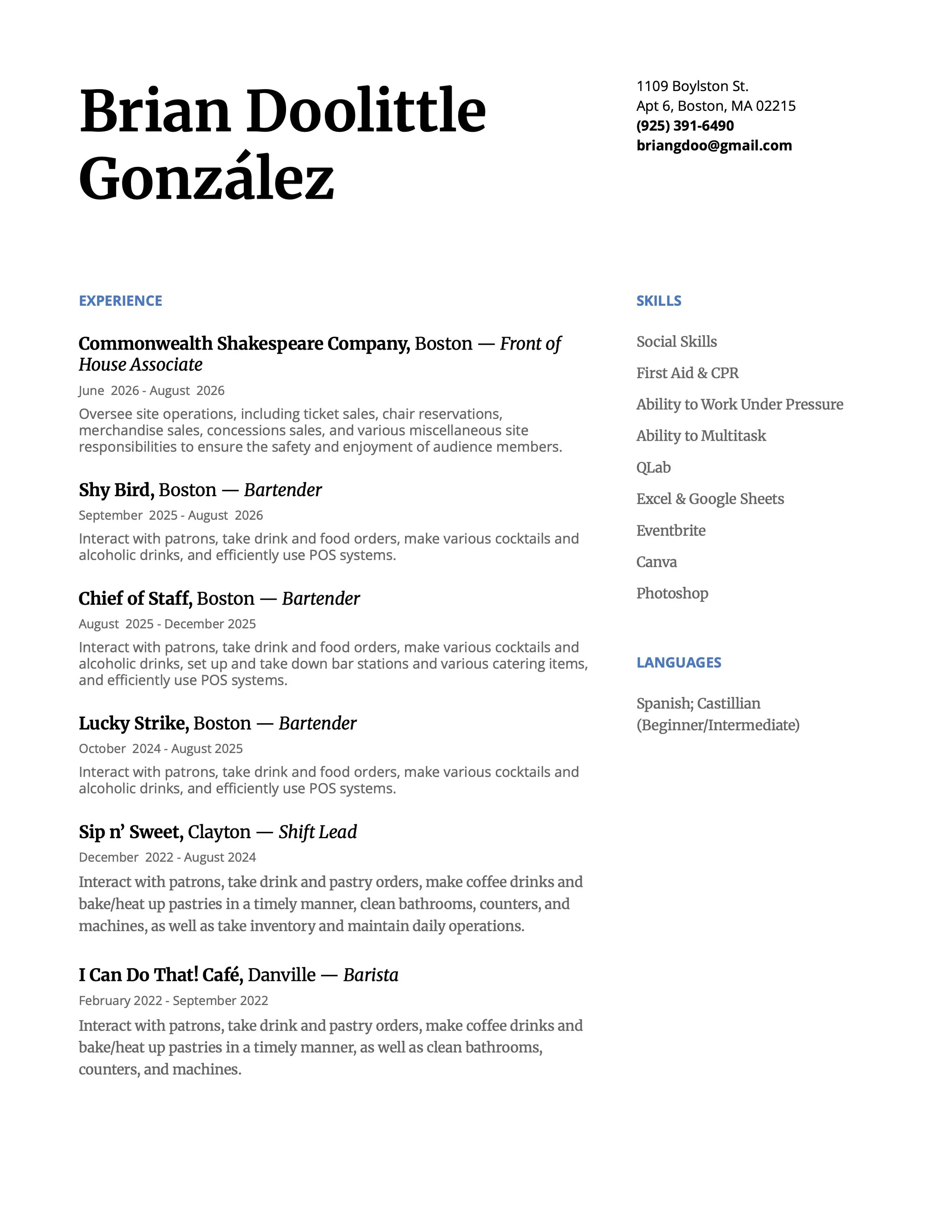 Work Resume 1/2
