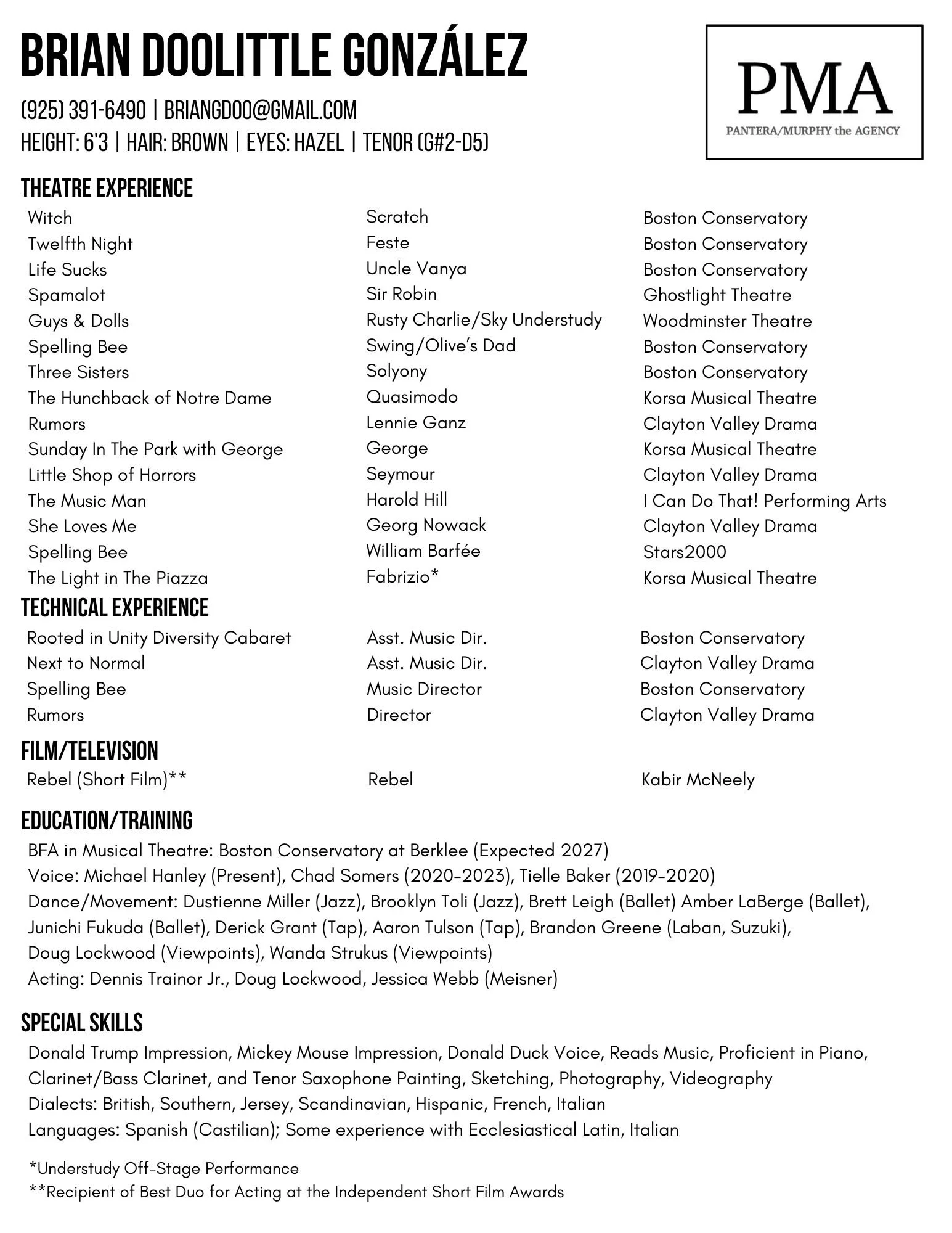 Theatrical Resumé