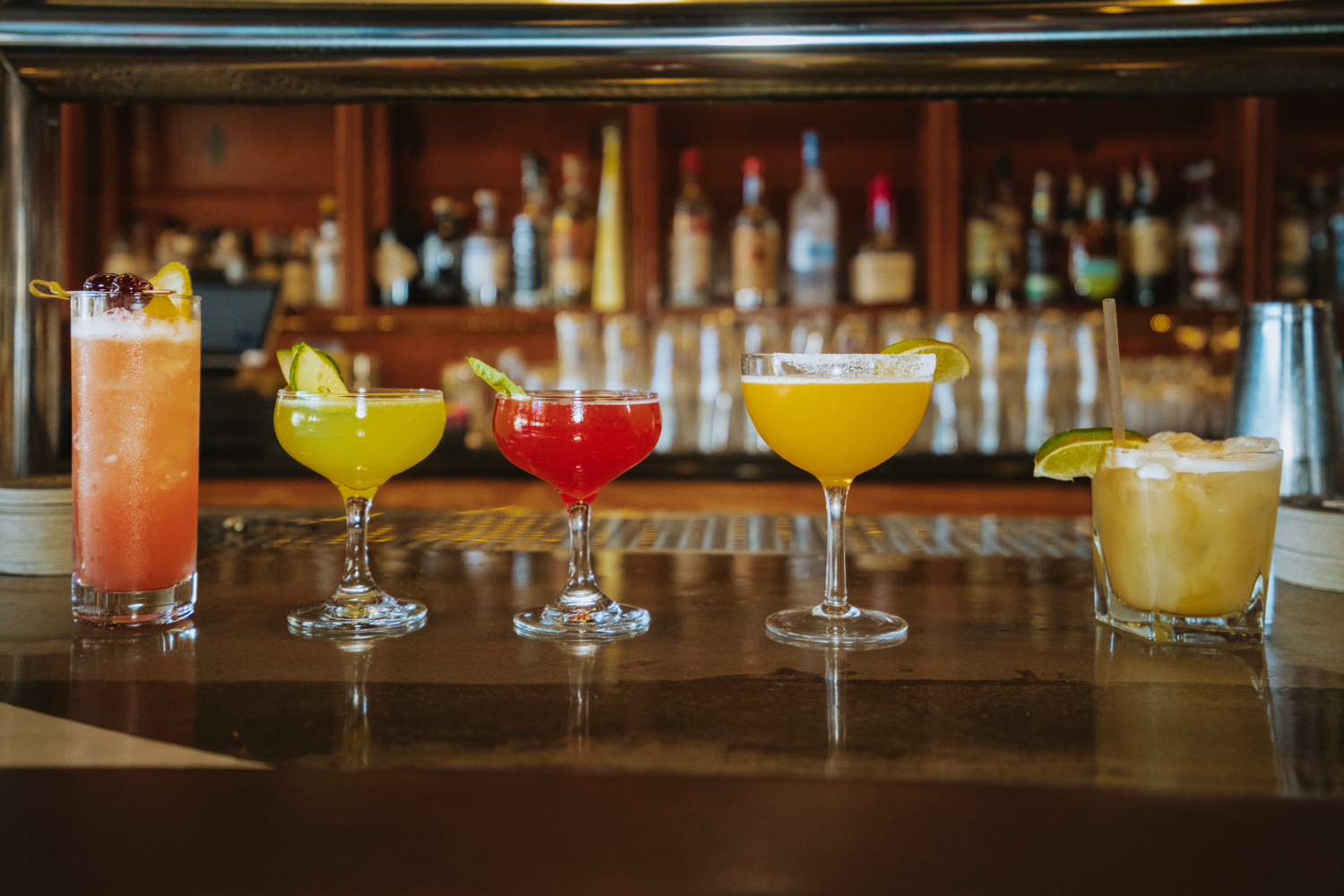 drinks lined up on bar