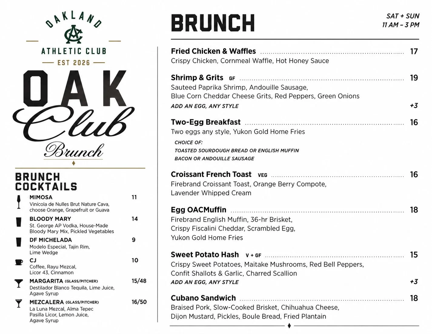 Brunch menu from Oakland Athletic Club with items including fried chicken and waffles, shrimp and grits, two-egg breakfast, croissant French toast, egg OAC muffin, sweet potato hash, and cubano sandwich, with prices listed.