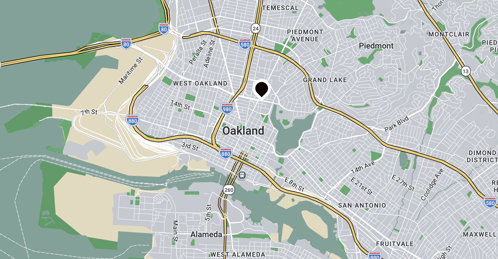 Map of Oakland, California, showing streets, highways, and surrounding neighborhoods.
