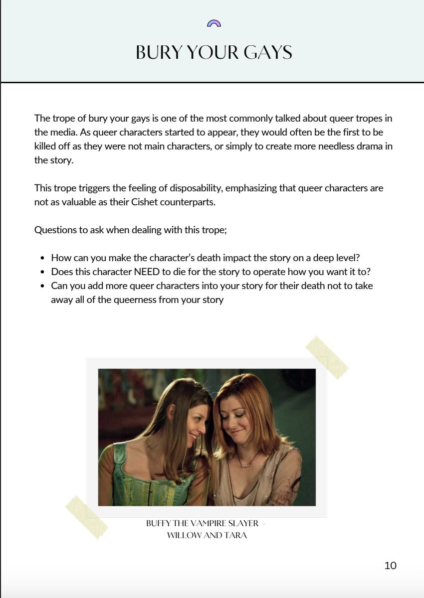 A page from a book or article discussing queer tropes, specifically the 'bury your gays' trope, with a photo of Buffy the Vampire Slayer characters Willow and Tara, smiling and leaning toward each other.