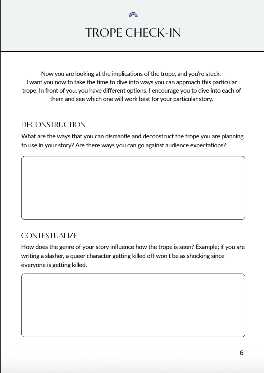 Page titled 'Trope Check-In' with instructions about analyzing tropes in storytelling, including sections on deconstruction and contextualize.