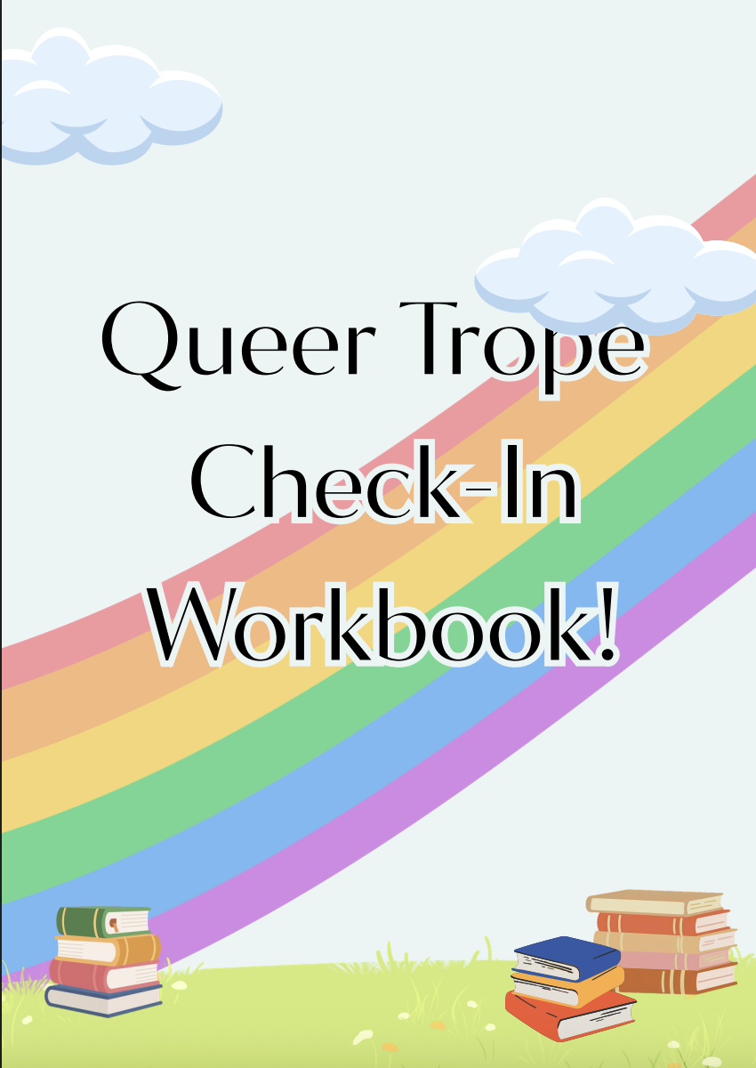 Cover of Queer Trope Check-In Workbook with clouds, rainbow, and stacks of books on grass.