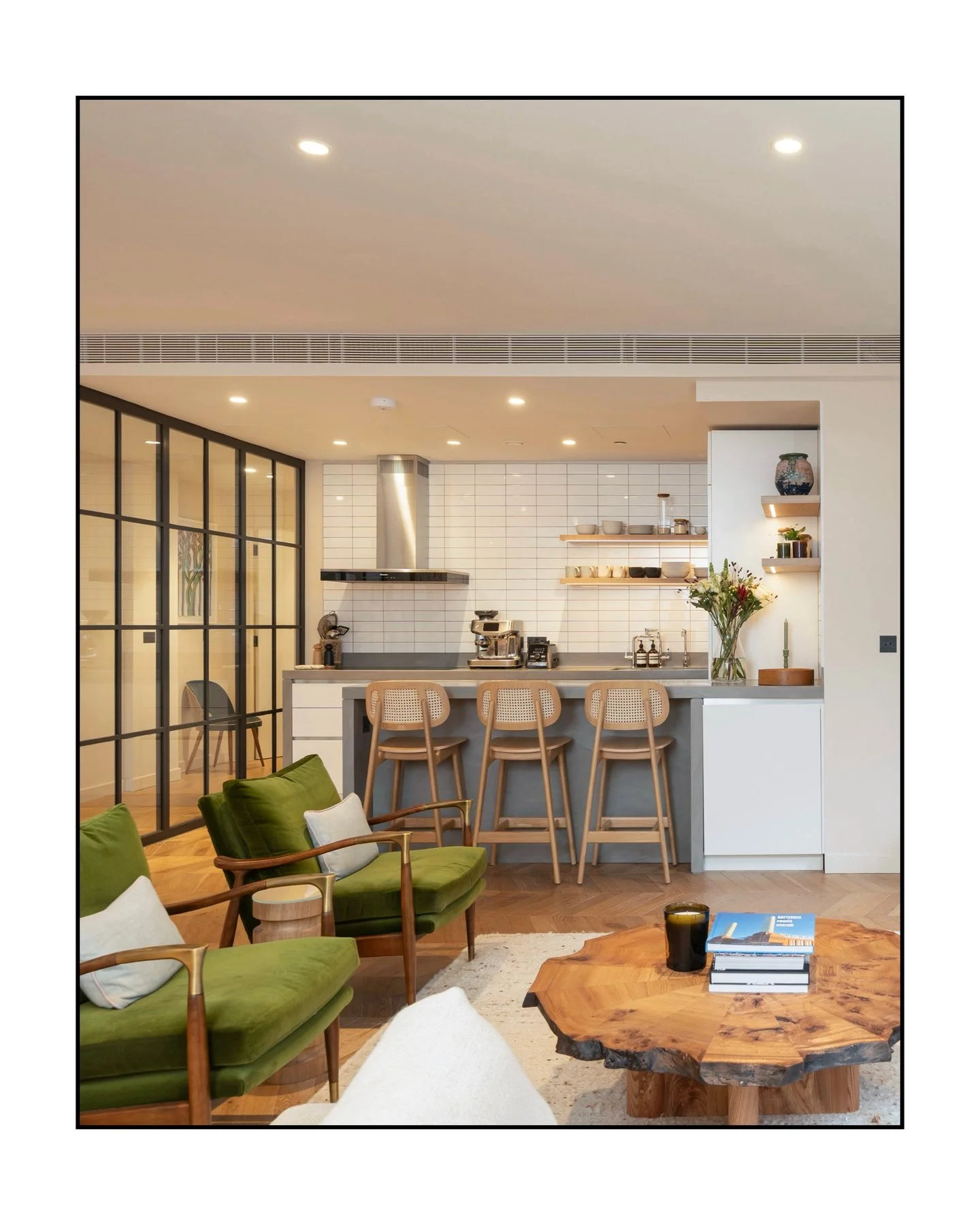 Industrial charm meets modern elegance

Step inside Boiler House, Battersea Power Station &mdash; where exposed brick, crittall partitions, and herringbone oak floors create a space with character and warmth. The open-plan design, stylish green velve