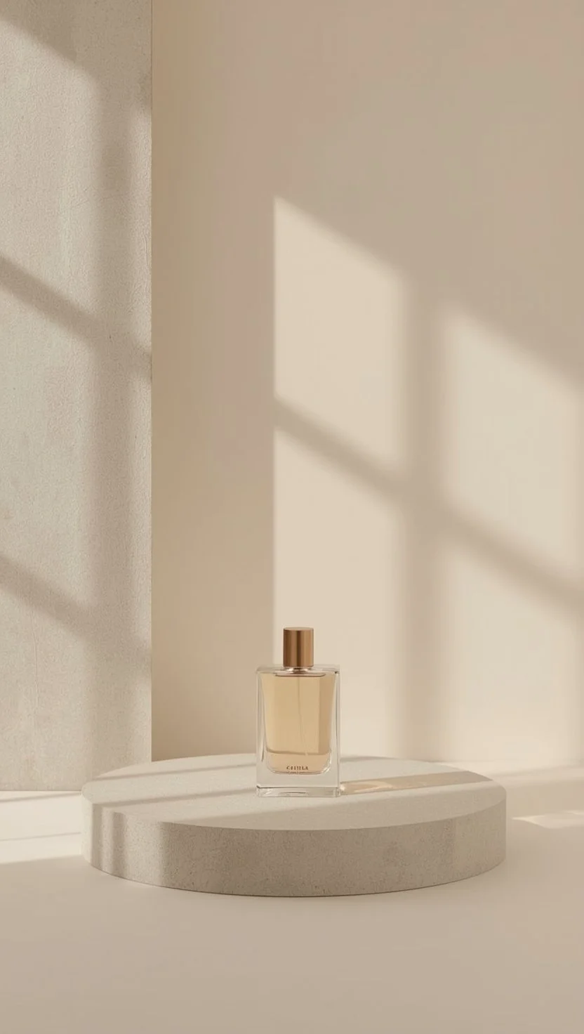 Un flacon de parfum transparent placé sur une surface en forme de demi-cercle en béton, avec des ombres de fenêtres sur le mur en fond.