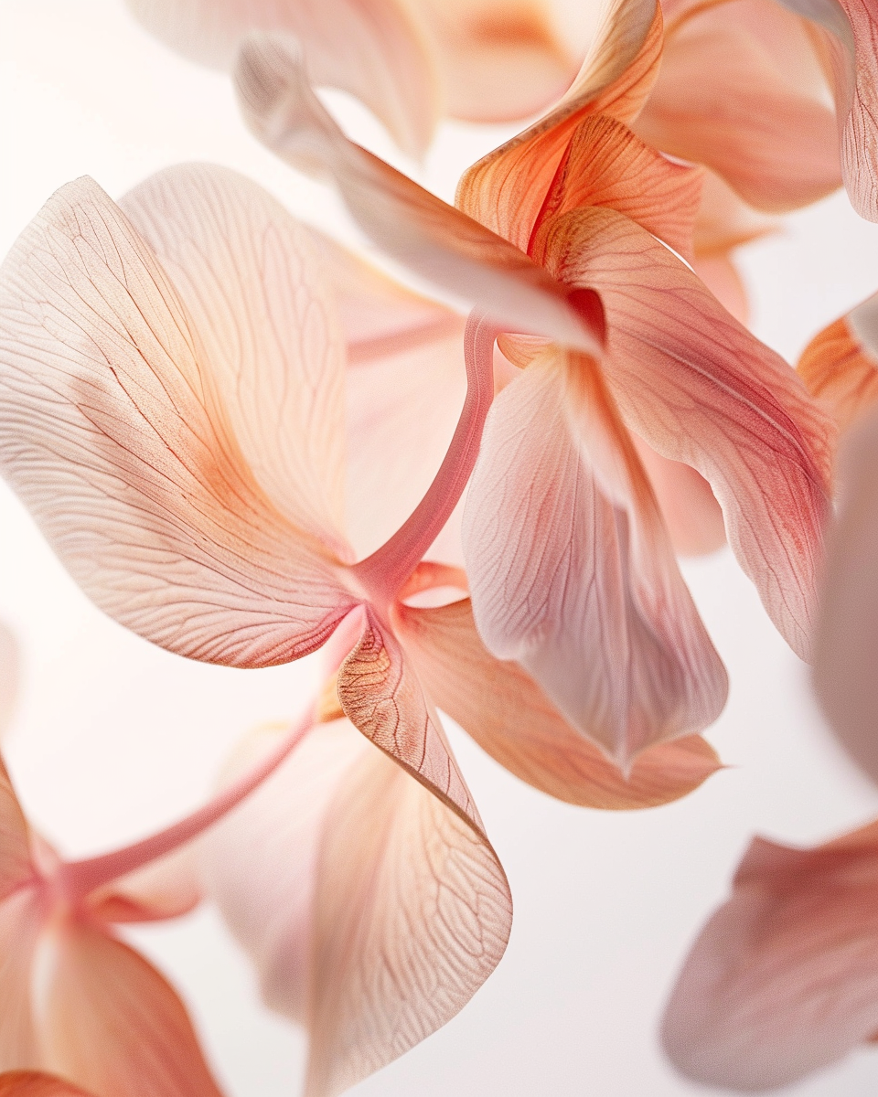 Gros plan de fleurs d'orchidée rose pâle avec des pétales délicats et veines fines.