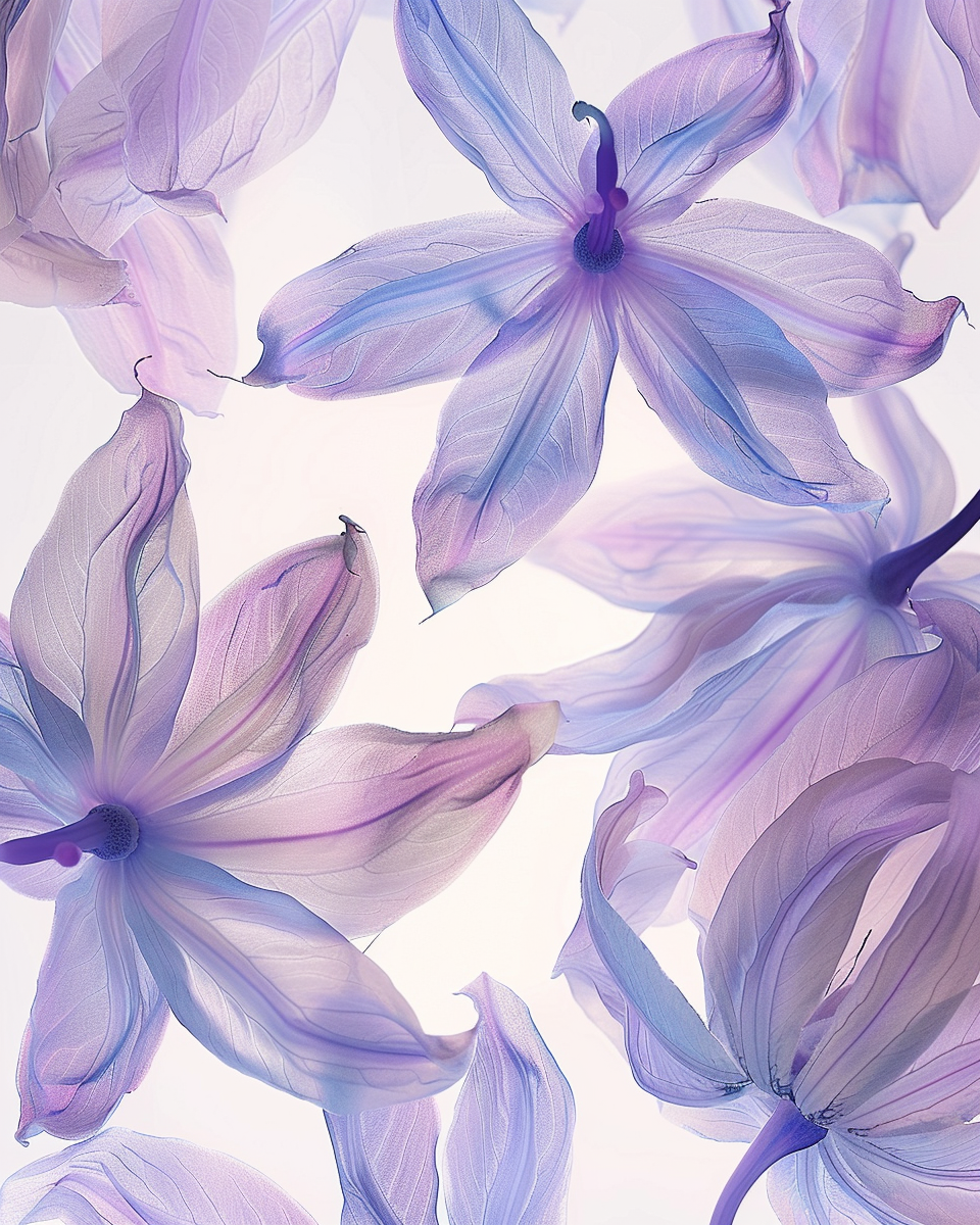 Fleurs de couleur violette et lilas, vue de dessous, texture délicate et lumineuse.