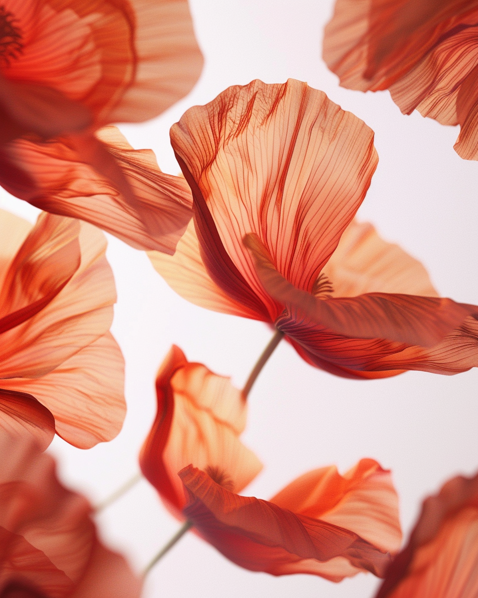 Fleurs orange pâle avec des nervures fines, vues de dessous, sur fond blanc