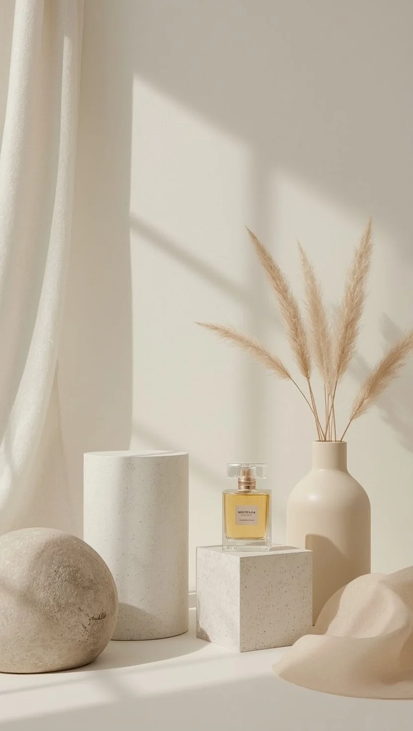 Composition minimaliste avec vase contenant des pampas, un parfum, un cylindre et un cube en pierre, dans un décor épuré avec lumière naturelle.