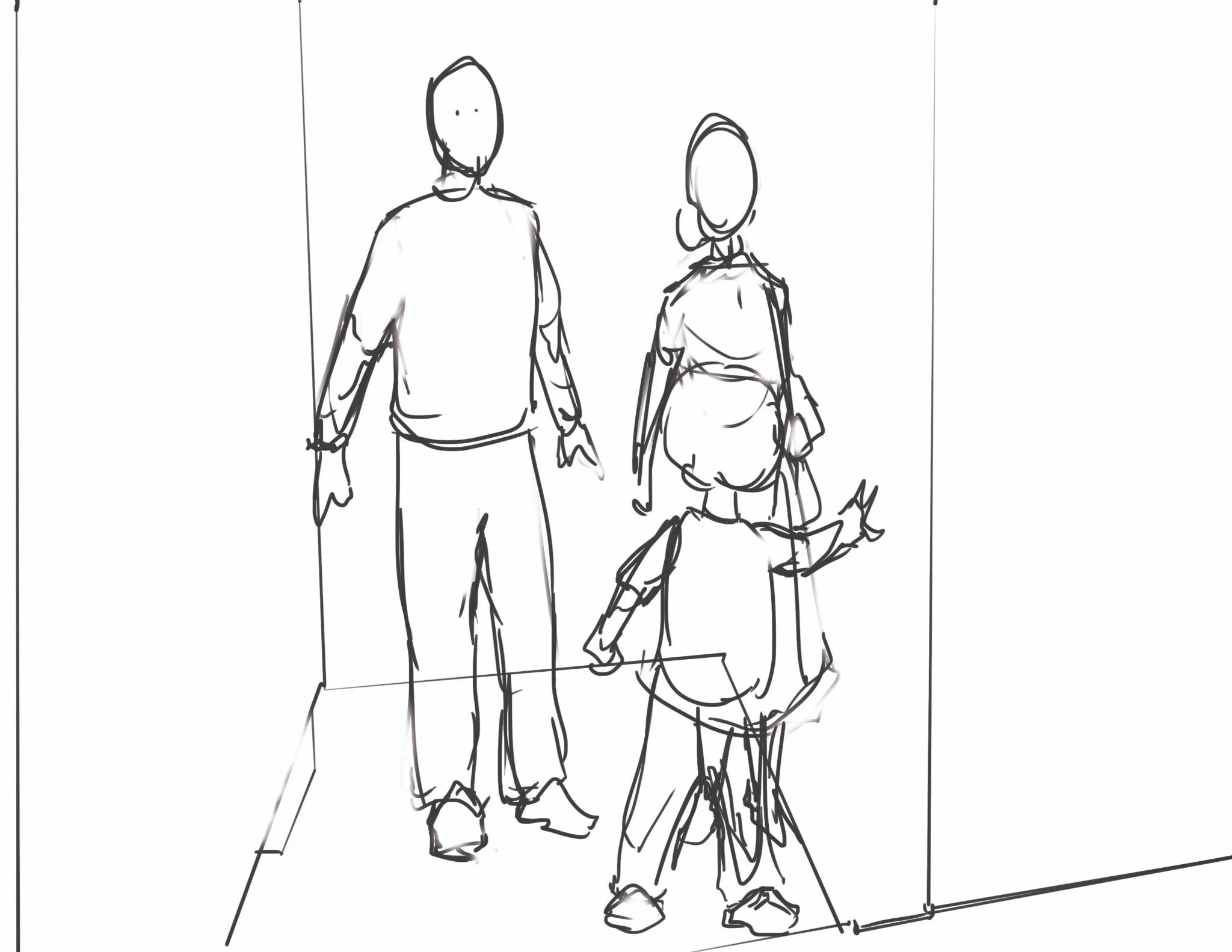 Sketch of an adult and children facing a wall