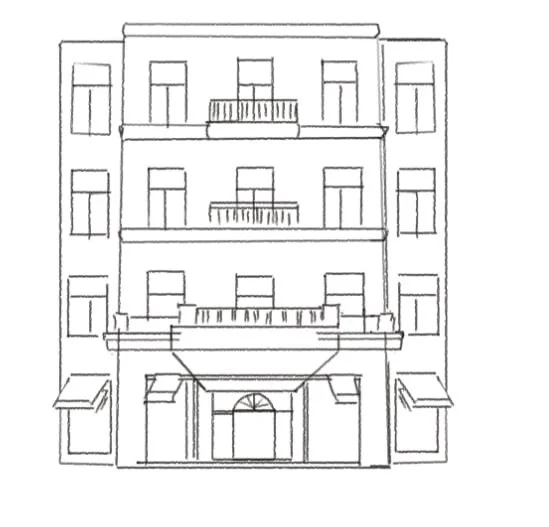 Sketch of a multi-story building with balconies and windows.