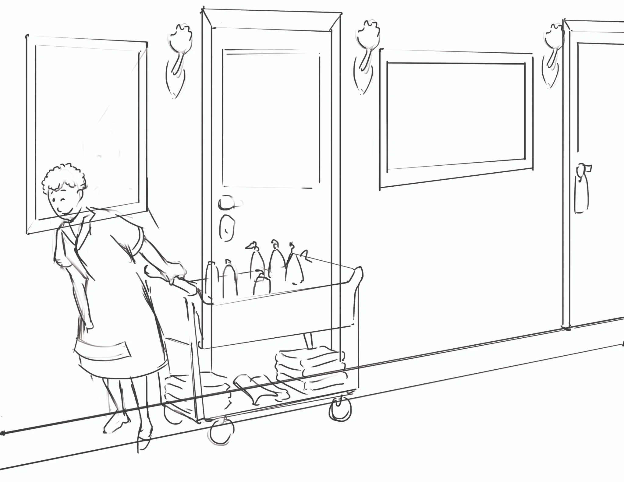 Line drawing of a hotel maid pushing a cleaning cart in a hallway.