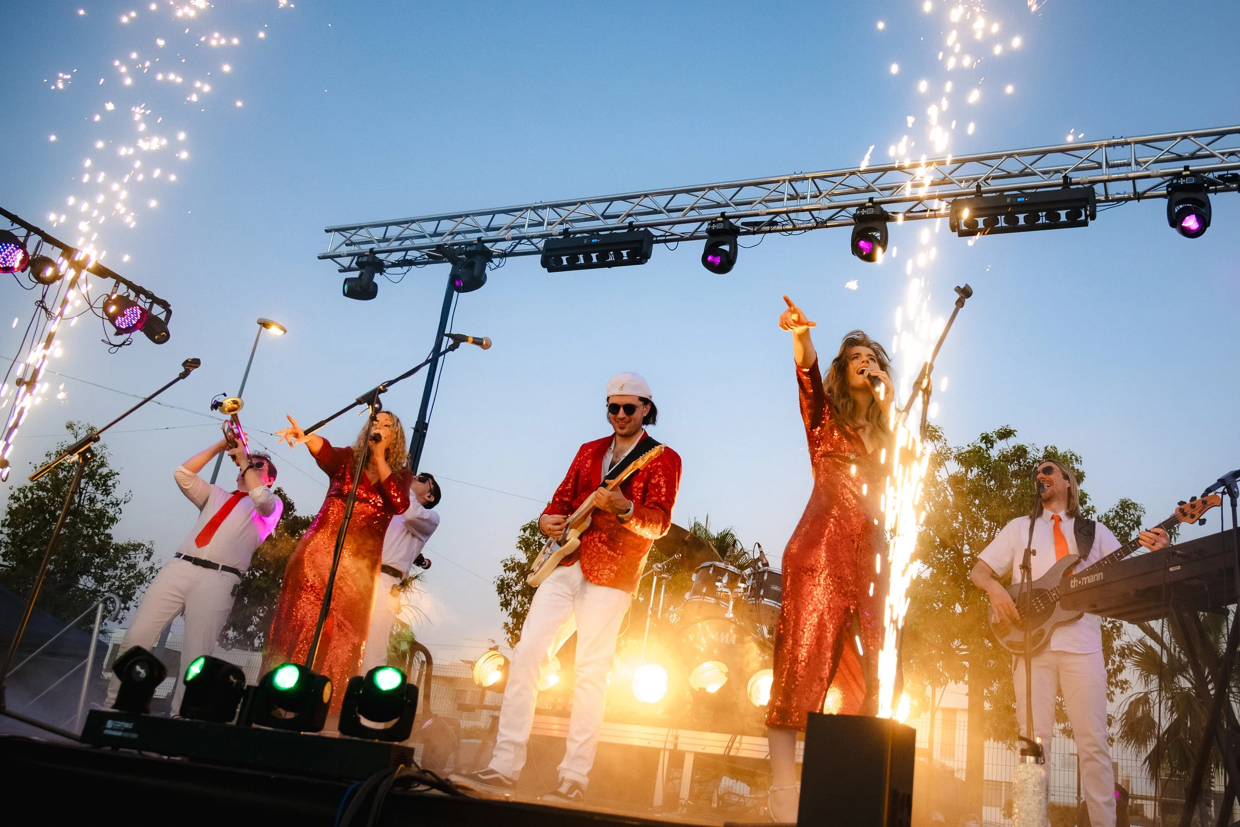 Good Times performing an unforgettable outdoor festival show with spectacular pyrotechnics and live stage production.