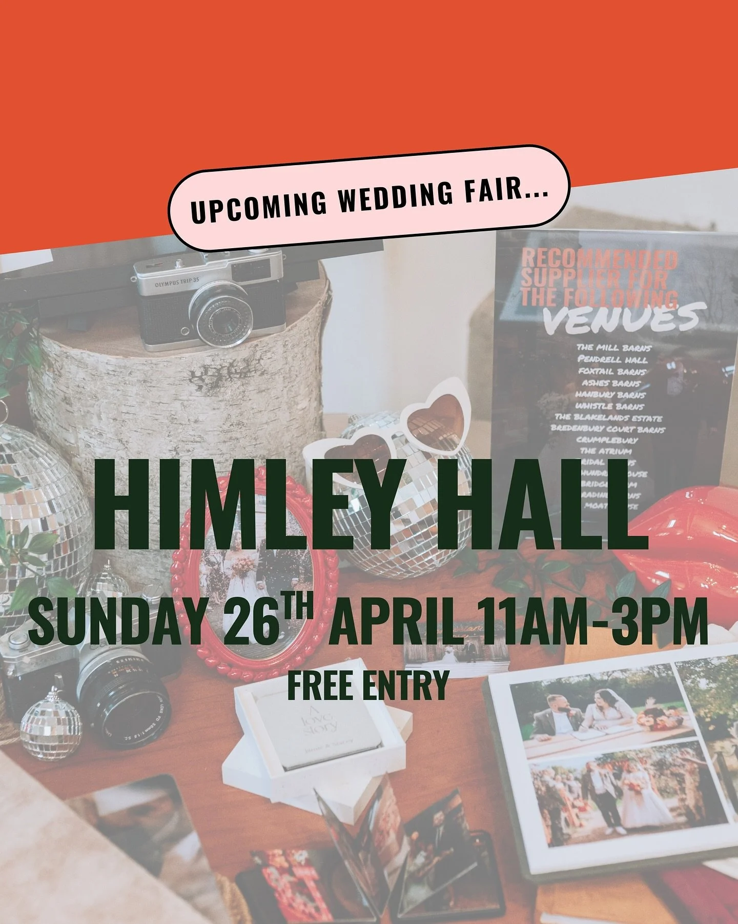 Come along and see me at @himley.hall I will be exhibiting at a wedding fair hosted by @sparklingdayevents on Sunday, the 26th of April 2026 between 11am - 3pm ✨ 

#HimleyHall  #HimleyWeddingFair #UKWeddingFair #BirminghamWeddingPhotographer #DudleyW