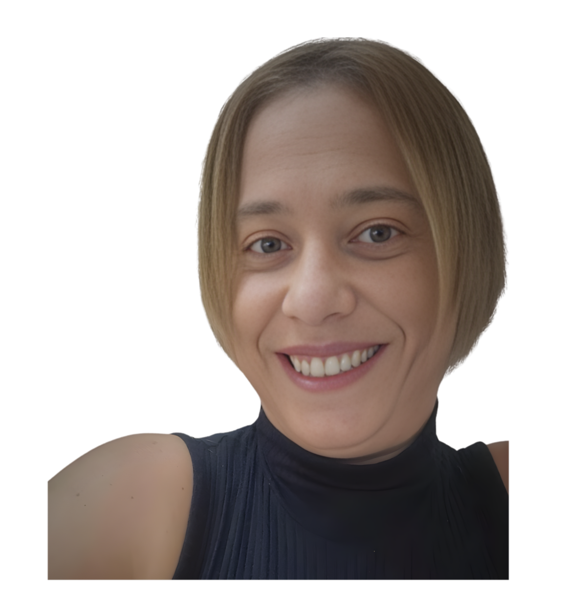 Retrato de uma mulher com cabelo curto, sorriso e pele clara, usando uma blusa preta de gola alta