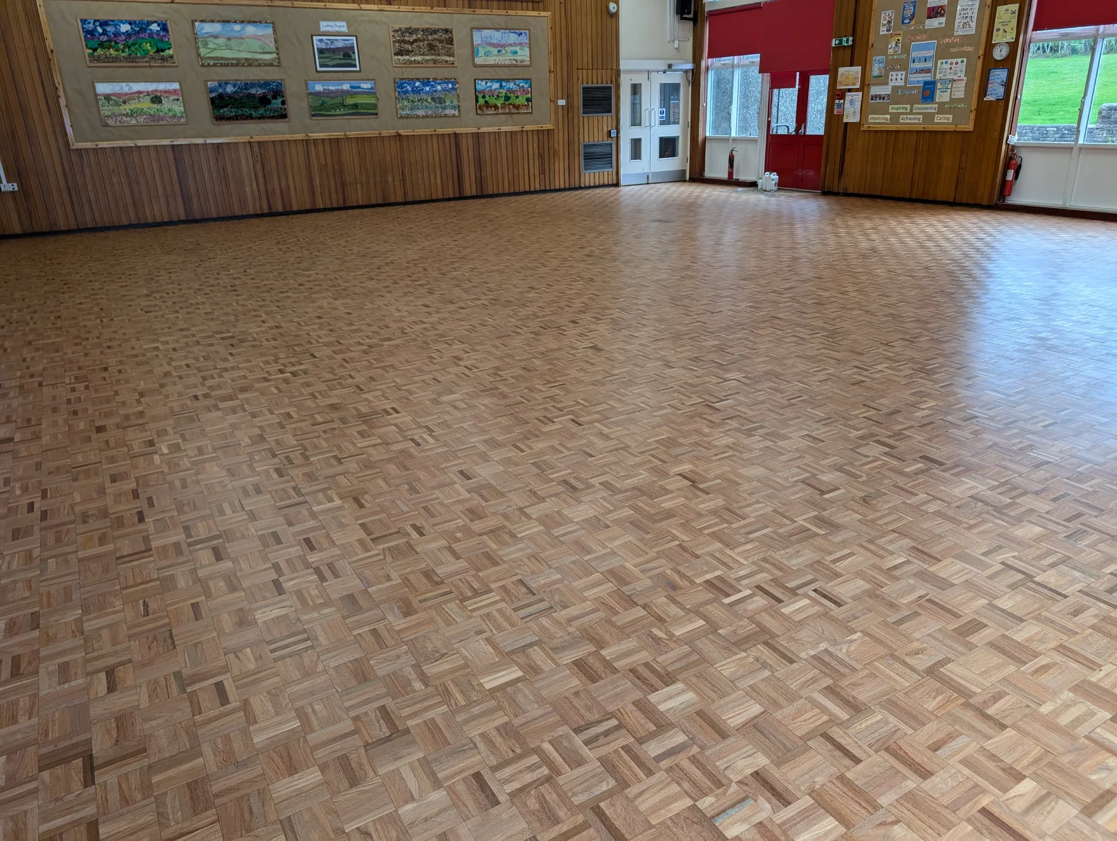 Commercial wood floor after sanding and refinishing