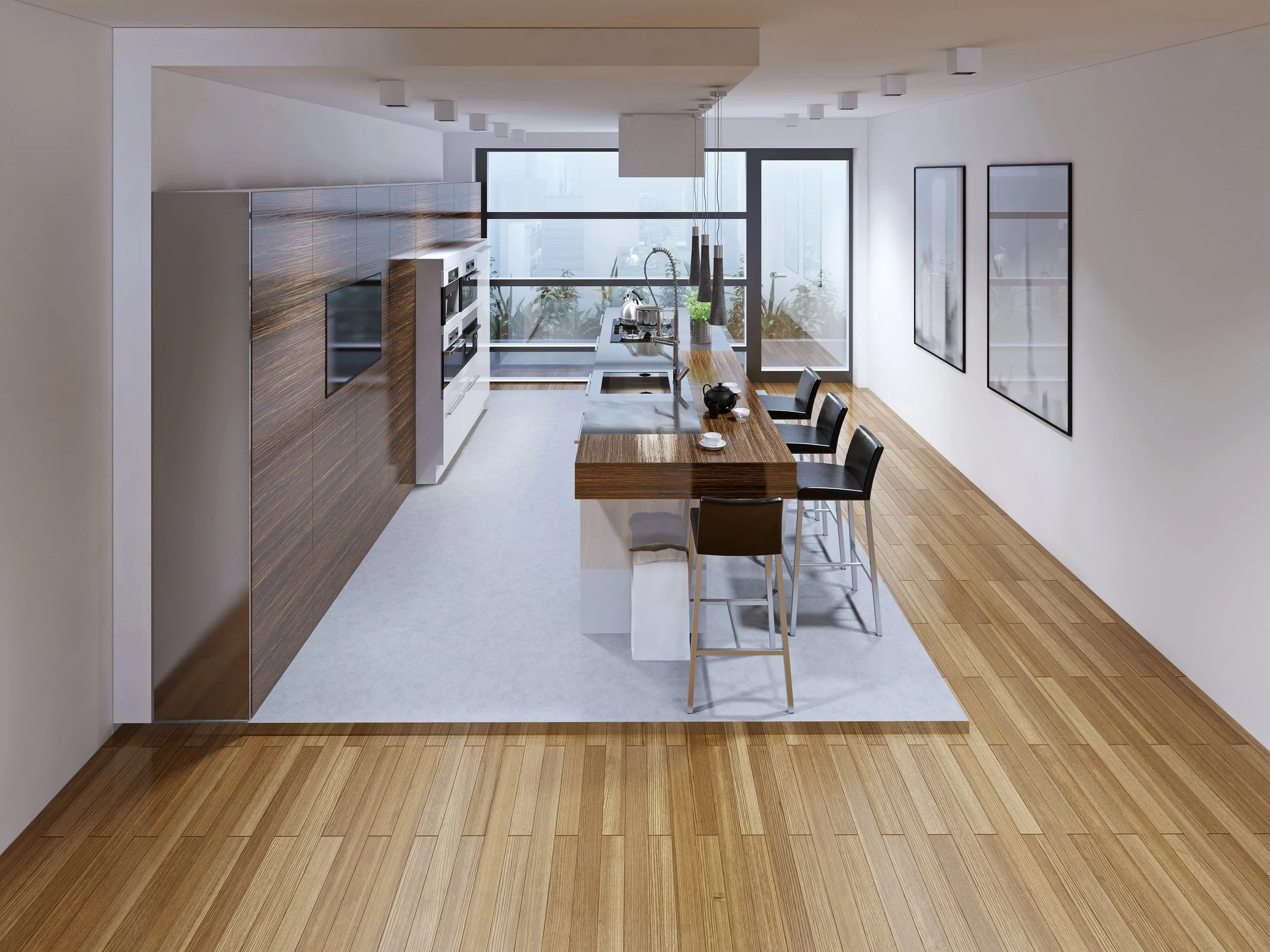 Modern open-concept kitchen and dining area with wooden flooring, white walls, large windows, a wooden kitchen island with four black chairs, and built-in appliances on a wooden wall.