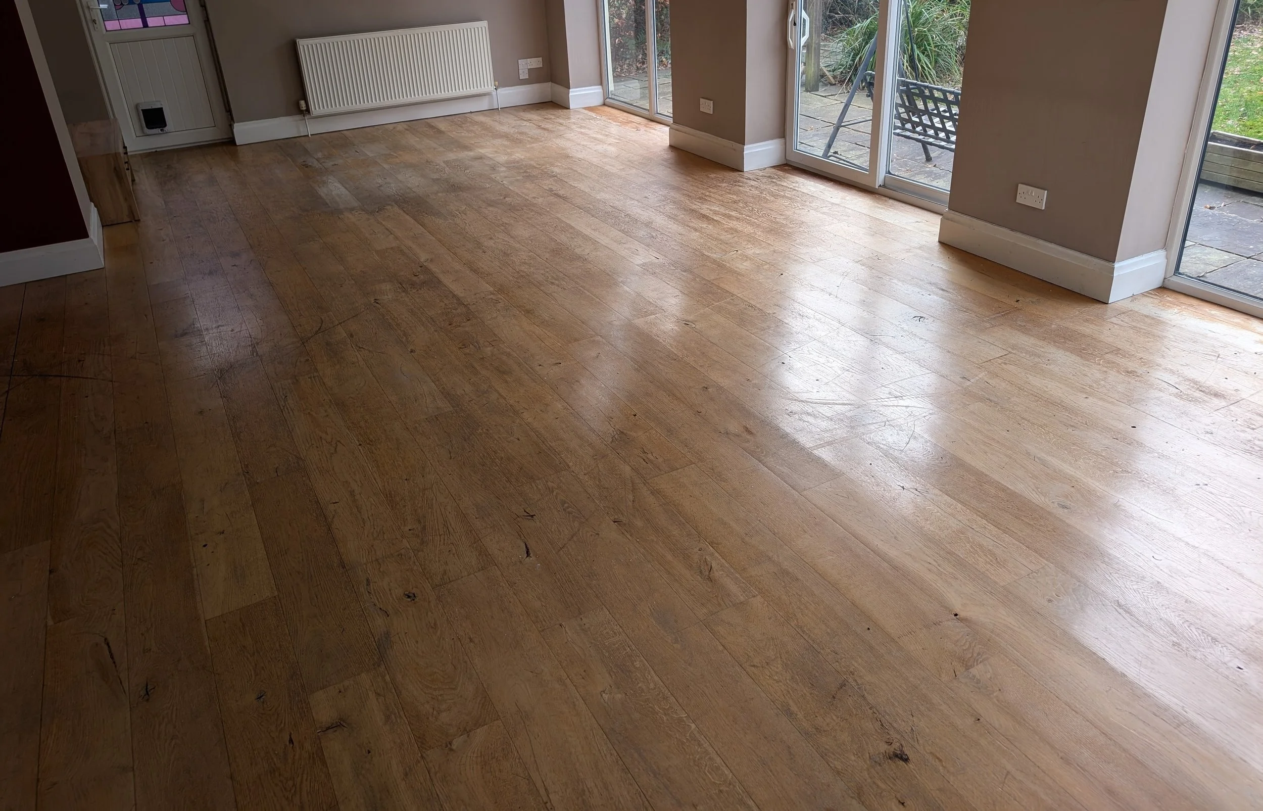 Living room with hardwood flooring, glass sliding doors leading to an outdoor patio, a radiator on the wall, and some outdoor plants visible through the glass doors.