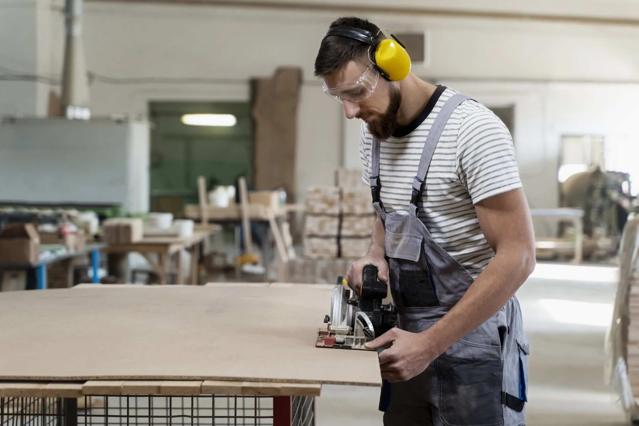 A man in a workshop using a hand-held power saw on a wooden piece, wearing safety ear protection, gloves, and apron.