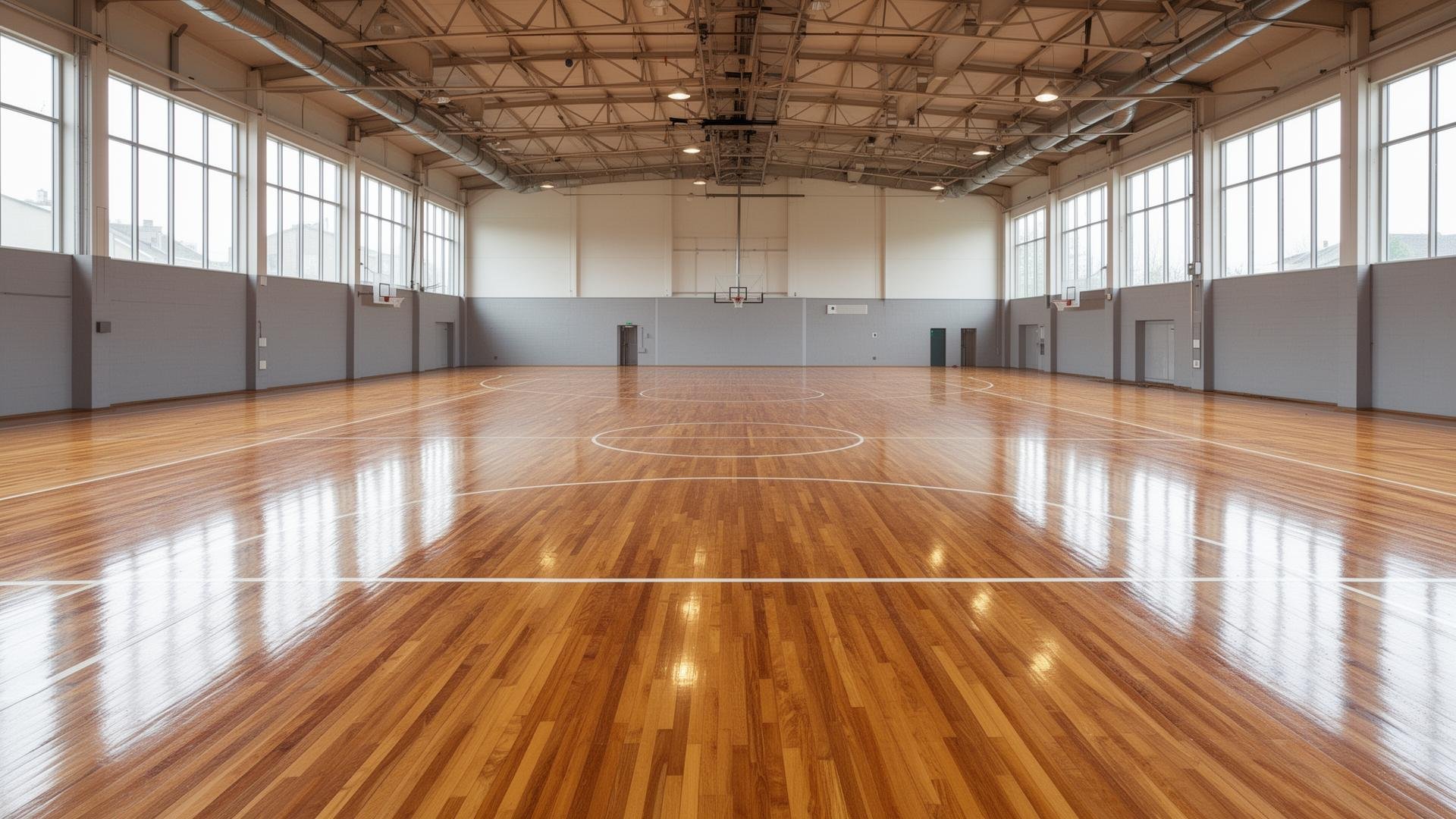Empty indoor basketball court with polished wooden flooring and large windows along the sides.