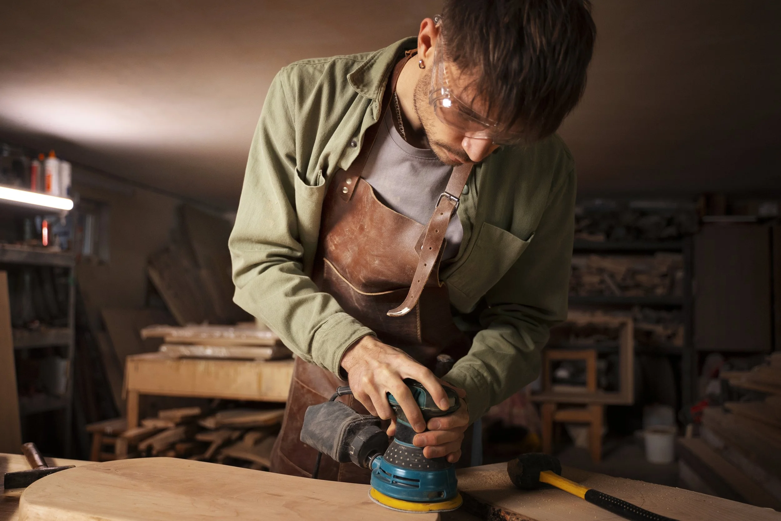 A man wearing safety glasses and a brown leather apron is sanding a wooden surface with a blue power sander in a woodworking workshop.