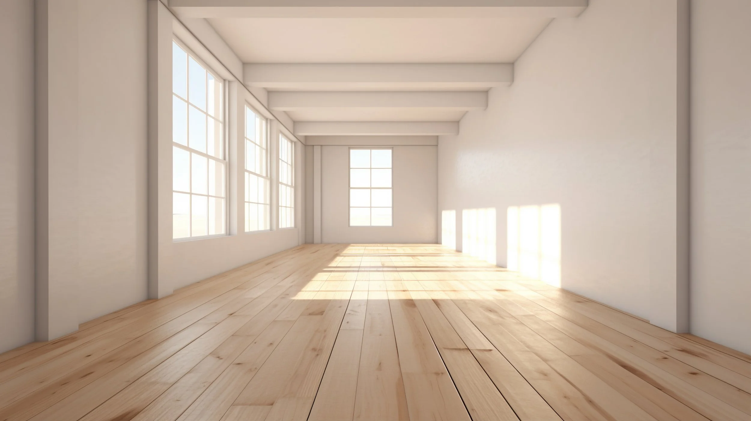 Empty room with white walls, large windows, and wooden flooring, filled with natural sunlight.