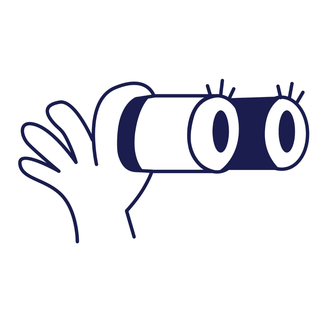Playful illustration of a hand holding a pair of binoculars with eyes for lenses