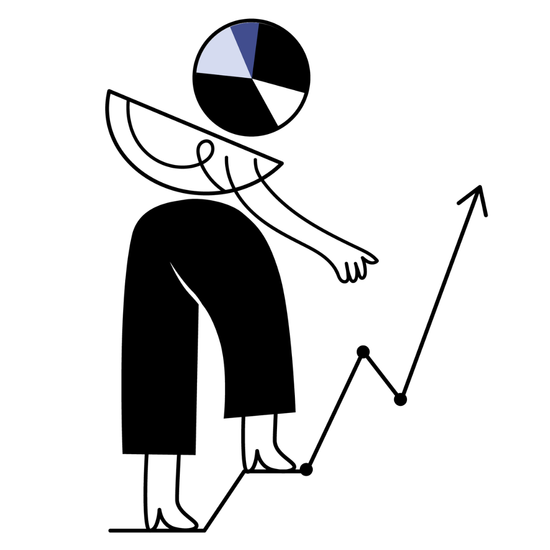 Playful illustration of a circle graph with legs, climbing a data chart