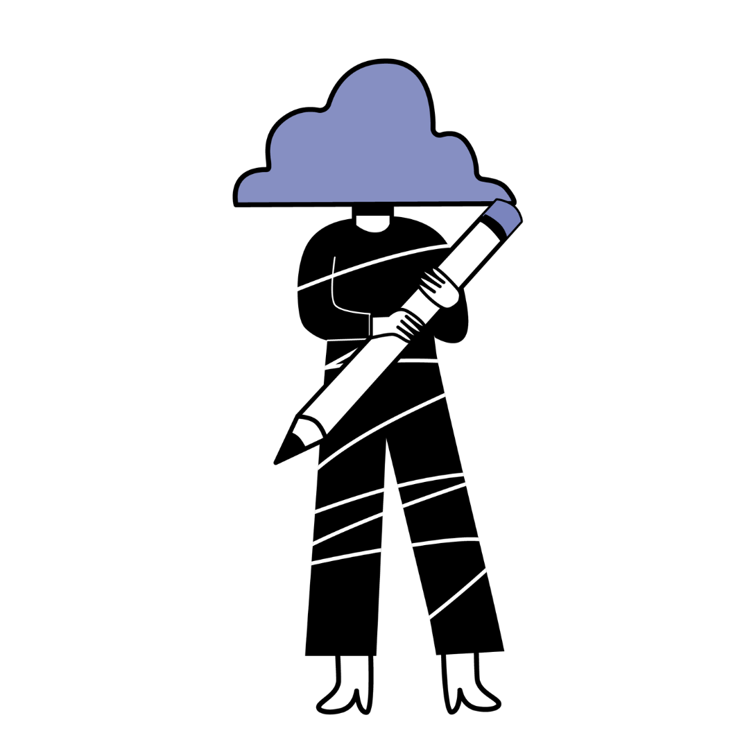 Playful illustration of an individual holding a pencil, with a cloud in place of a head