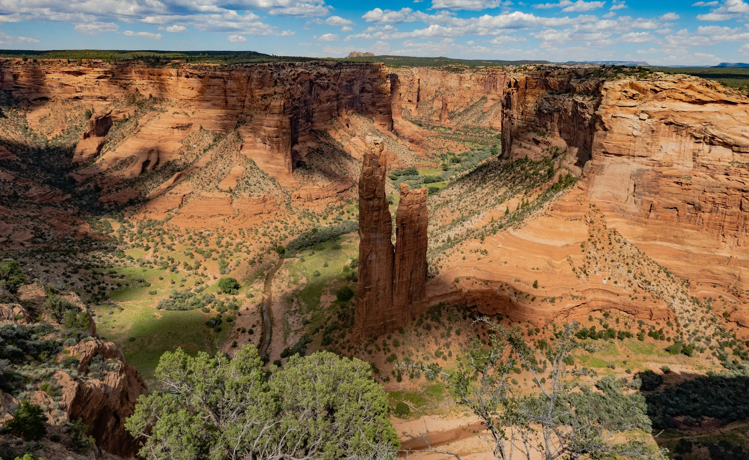 A panoramic vista of the rock walls and flora of Canyon de Chelly in Arizona