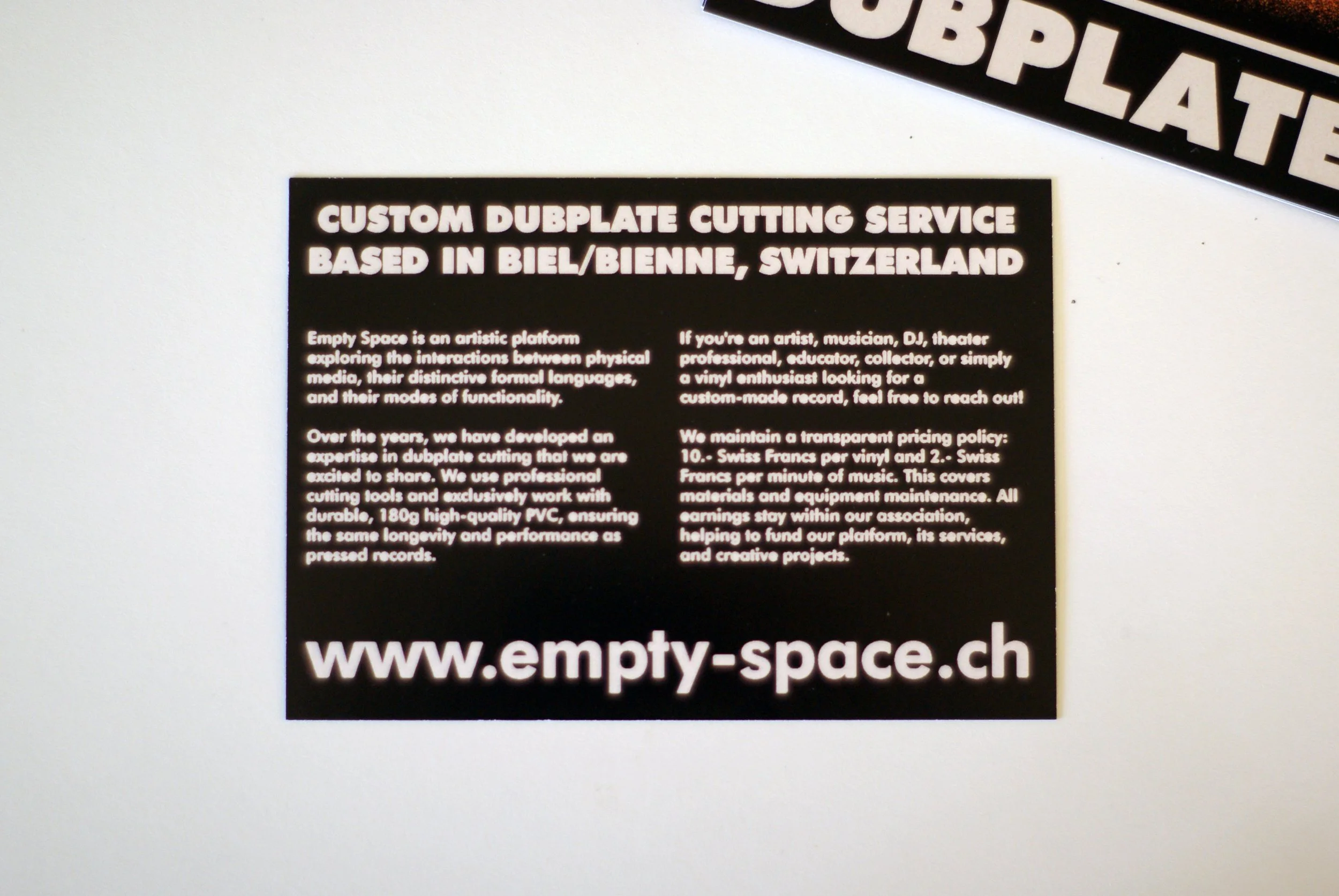 Information side of Empty Space’s custom vinyl and dubplate cutting flyer from Biel/Bienne.