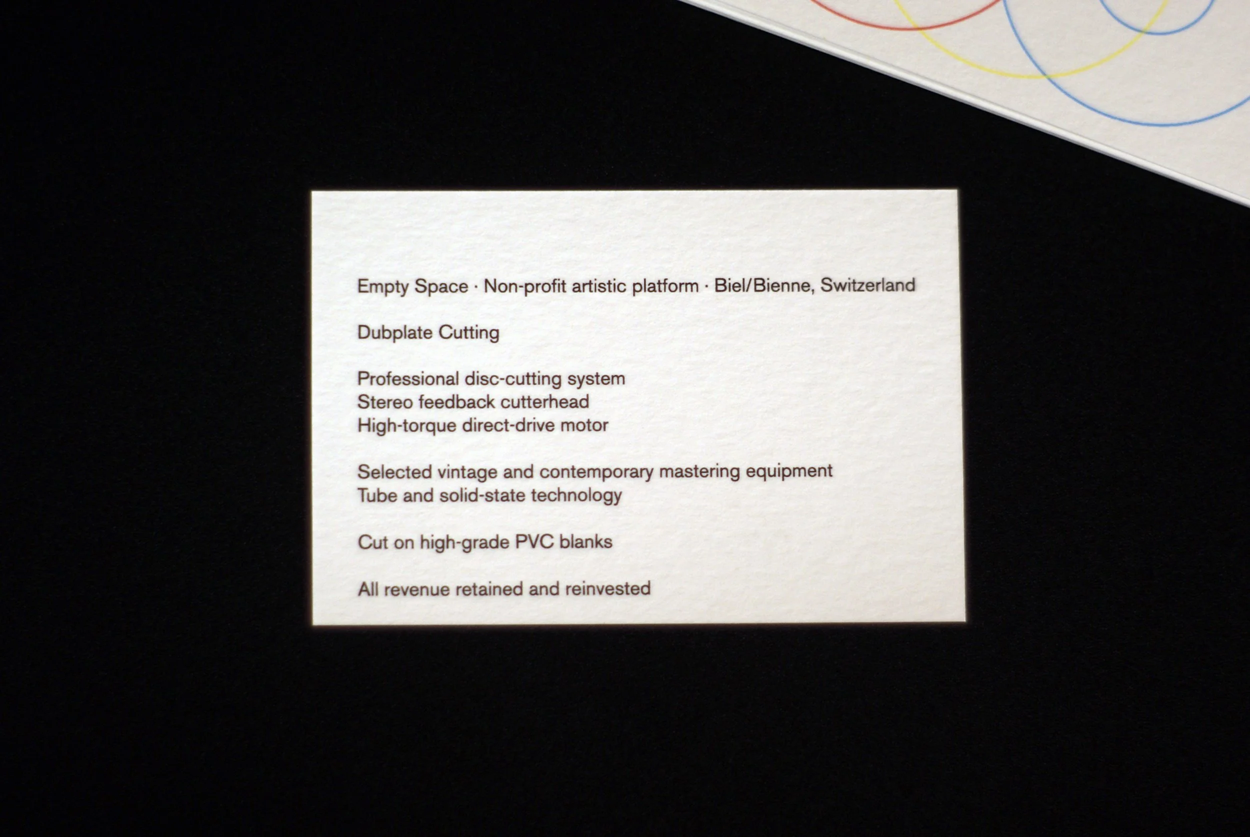 Printed inlay for Empty Space’s dubplate cutting service in Biel/Bienne, offering custom lathe-cut vinyl.