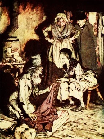 A vintage illustration from A Christmas Carol depicts two men and two women in Victorian clothing gathered around a stove, examining a piece of red clothing draped on a wooden floor..