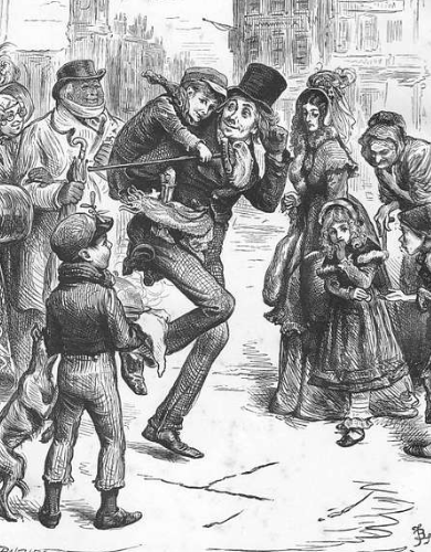 A black and white illustration depicts a scene from A Christmas Carol. A joyful scene shows a group of people on a cobblestone street in Victorian clothing smile as a man in a top hat gives his son a piggyback ride.