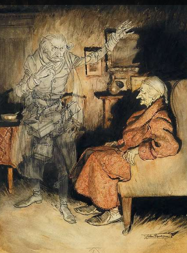 An illustration by Arthur Rackham depicts a scene from A Christmas Carol. Scrooge sits in his chair in a red dressing gown while he ghost of Marley stands over him ominously.