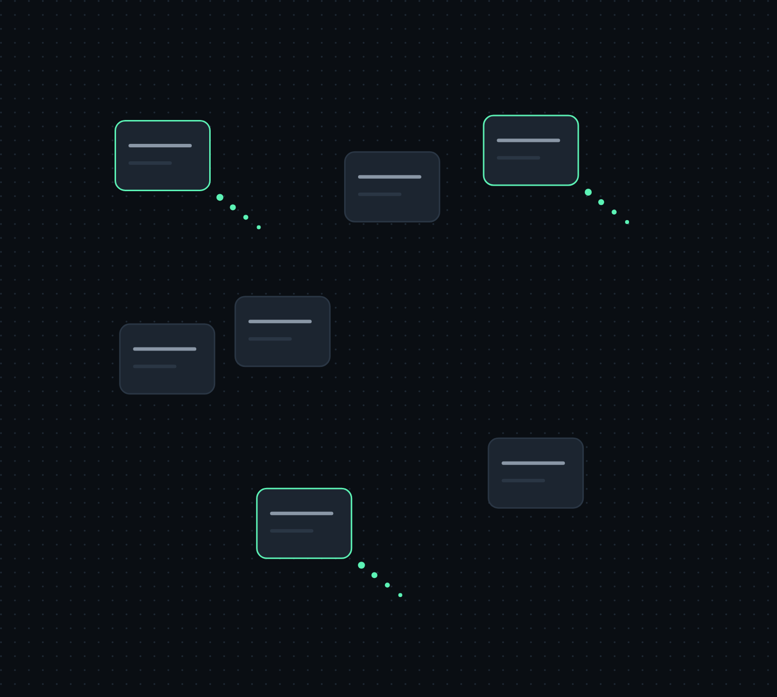 A digital graphic showing interconnected nodes and lines on a black dotted background, representing a network or data flow.