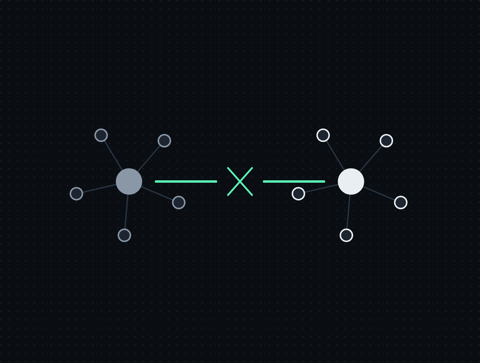 Digital illustration of two molecular structures connected by a teal cross and lines, set against a black background with small grey dots.