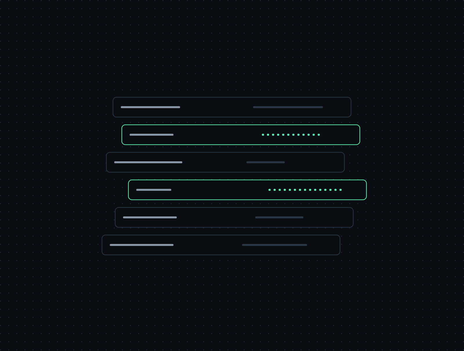 Digital illustration of multiple login or password input forms on a dark background with dotted pattern, with some forms highlighted in green.